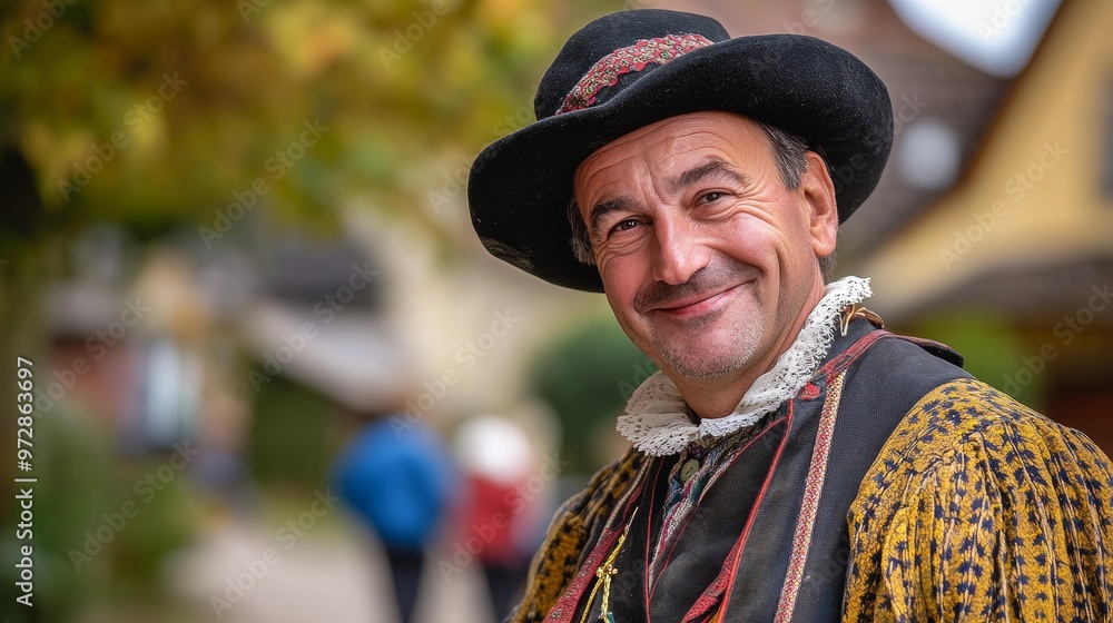 Authentic Luxembourgish Man Embracing Tradition with a Candid Smile in Picturesque Historic Village Setting Authentic Luxembourgish Man Embracing Tradition with a Candid Smile in Picturesque Historic Village Setting