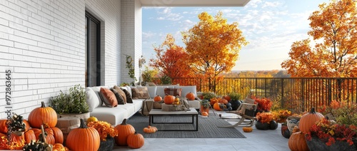 Patio of suburban house in autumn. Luxury exterior design scene. Villa backyard terrace in the sunshine with couches and lounge chairs. Vacation, relaxation, wellness spa resort, hotel. Stock.
