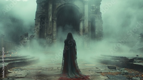 A mysterious cloaked figure stands in front of a crumbling ancient building in a foggy forest, shrouded in a sense of mystery and intrigue.