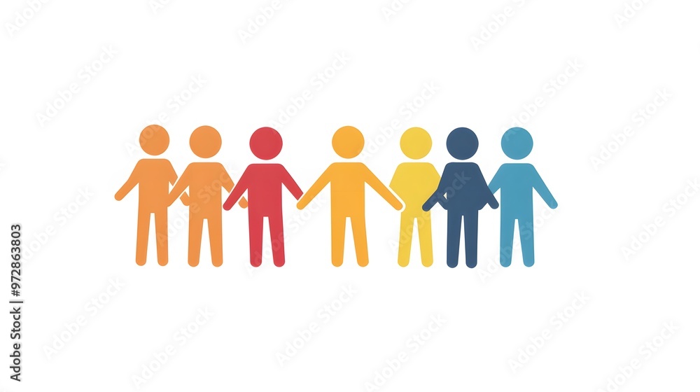 Seven Stick Figures Holding Hands in a Row with Different Colors Seven Stick Figures Holding Hands in a Row with Different Colors