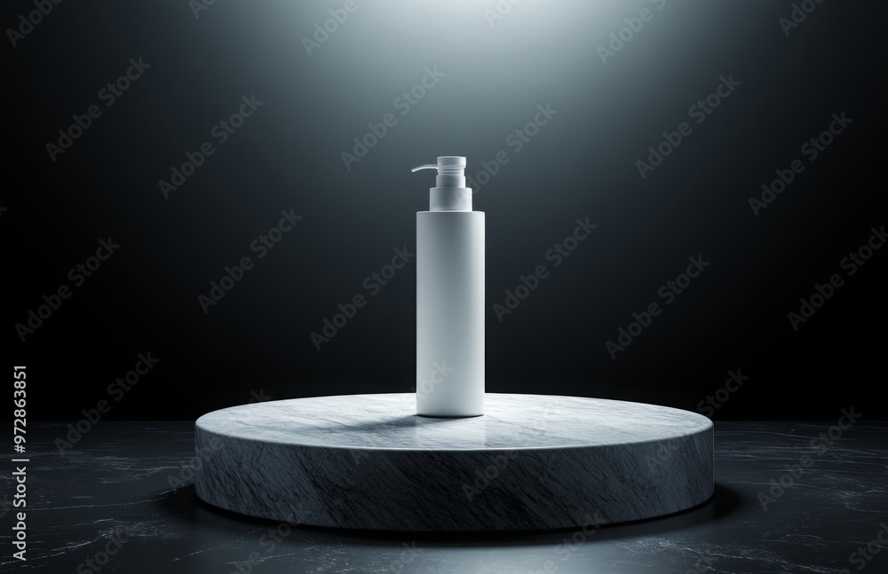 A minimalist, white cosmetic pump bottle placed on a circular podium made of sleek, reflective material, with soft lighting from above A minimalist, white cosmetic pump bottle placed on a circular podium made of sleek, reflective material, with soft lighting from above