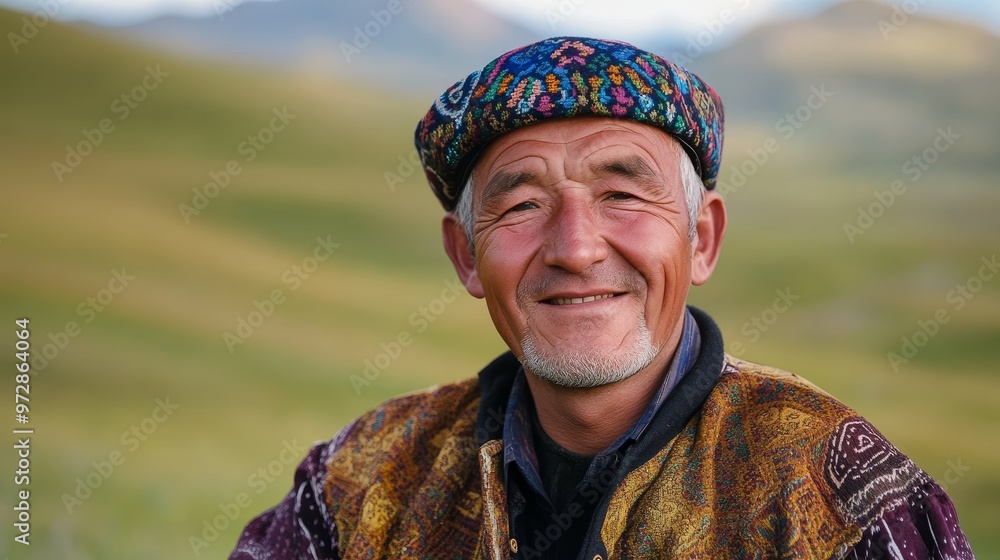 Nomadic Beauty: Kyrgyz Man in Kalpak Smiling Freely Against Vast Steppe Background Nomadic Beauty: Kyrgyz Man in Kalpak Smiling Freely Against Vast Steppe Background