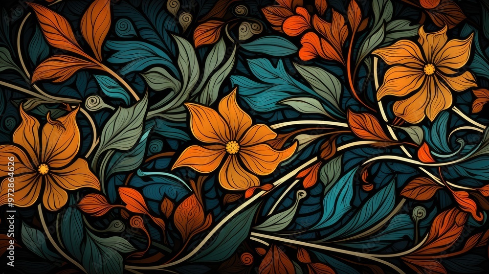 A vibrant floral pattern featuring intricate designs of orange flowers and lush green leaves against a dark background. A vibrant floral pattern featuring intricate designs of orange flowers and lush green leaves against a dark background.