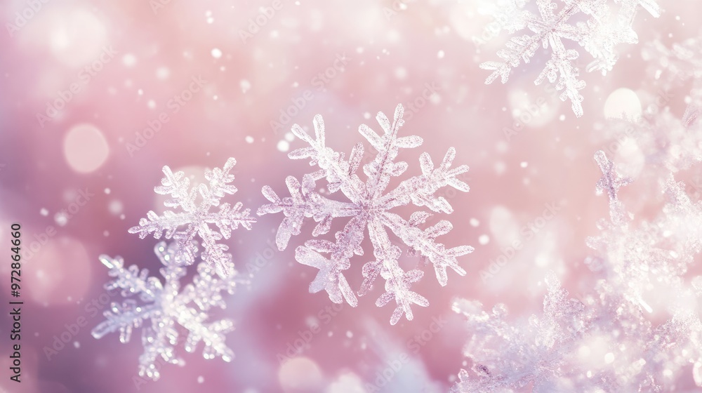 A cascade of delicate snowflakes gently drifting against a pale pink background, evoking a serene and whimsical winter scene A cascade of delicate snowflakes gently drifting against a pale pink background, evoking a serene and whimsical winter scene