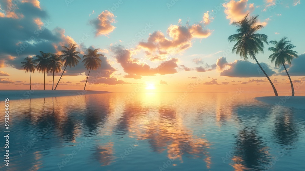 Serene tropical lagoon at sunrise, with calm waters reflecting the sky and palm trees lining the shore. 4K hyperrealistic photo. Serene tropical lagoon at sunrise, with calm waters reflecting the sky and palm trees lining the shore. 4K hyperrealistic photo.