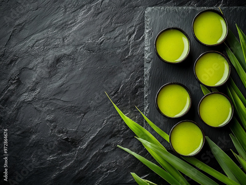 Delight in vibrant green Thai pandan custard arranged beautifully on black slate, complemented by fresh pandan leaves, creating stunning visual contrast photo