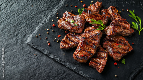 Grilled beef Nua Yang is beautifully presented on black slate board, showcasing its rich texture and appetizing grill marks. vibrant herbs and spices enhance its appeal photo