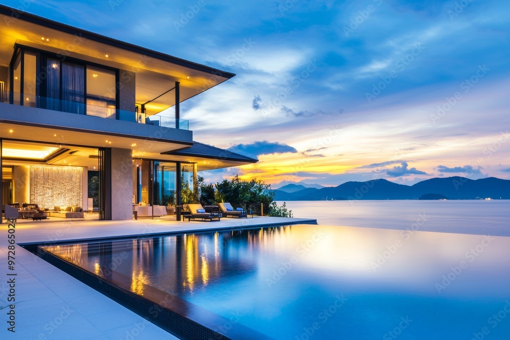 Fototapeta premium The modern and minimalist luxury house by the mountains has a swimming pool
