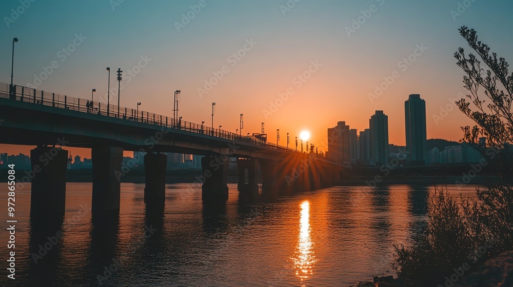 A bridge over a river with a city skyline in the background at sunset. A bridge over a river with a city skyline in the background at sunset.