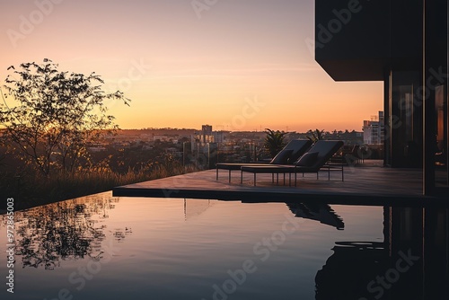 A modern and minimalist luxury house with a swimming pool by the mountains