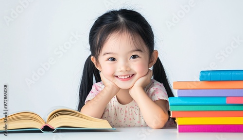 Young girl smiling with books and an open storybook on a table in a bright, cheerful reading space