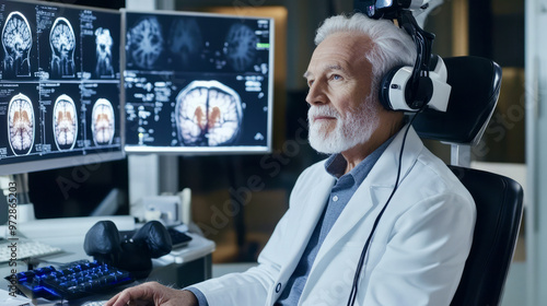 An elderly man in a neuropsychiatry session, performing cognitive exercises to improve memory and attention photo