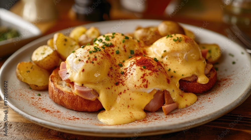 Delicious eggs benedict with poached eggs, ham, creamy hollandaise, and a side of sliced potatoes, garnished with paprika. Delicious eggs benedict with poached eggs, ham, creamy hollandaise, and a side of sliced potatoes, garnished with paprika.