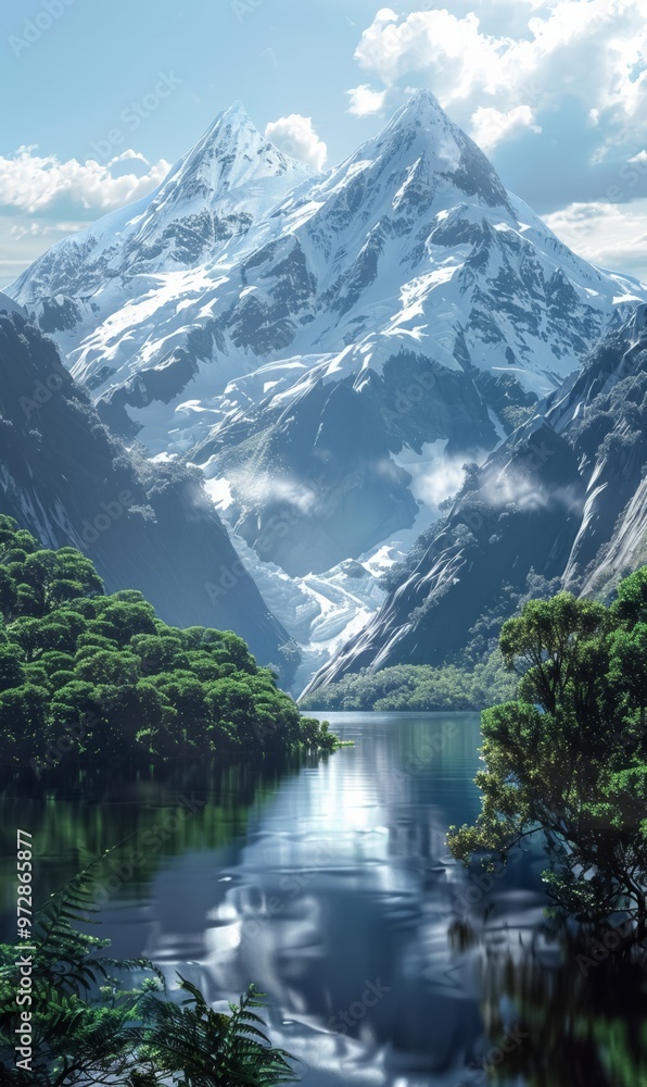 Fototapeta premium Majestic mountain landscape with snow peaks reflecting in tranquil lake surrounded by lush greenery during cloudy day