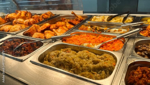 Fotografi sale of side dishes and grilled chicken in a supermarket, cafe behind the counter in metal containers by weight