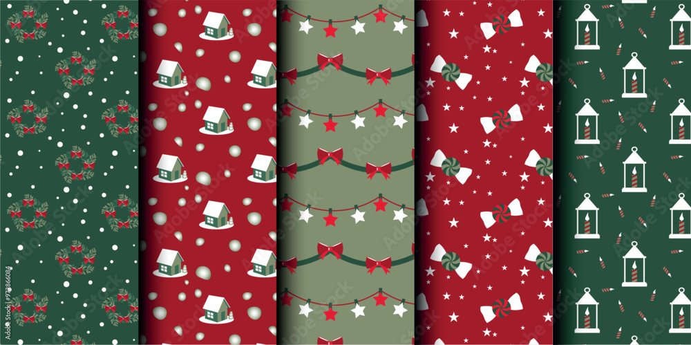 Set of Christmas vector seamless pattern. Merry Christmas and Happy New Year. Christmas symbols background. Vector red and green seamless illustration Set of Christmas vector seamless pattern. Merry Christmas and Happy New Year. Christmas symbols background. Vector red and green seamless illustration