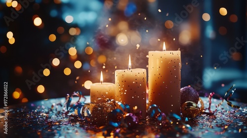 Glittering New Yearâ€™s Eve table centerpiece with candles, confetti, and streamers, creating a festive atmosphere for celebration. 4K hyperrealistic photo. photo