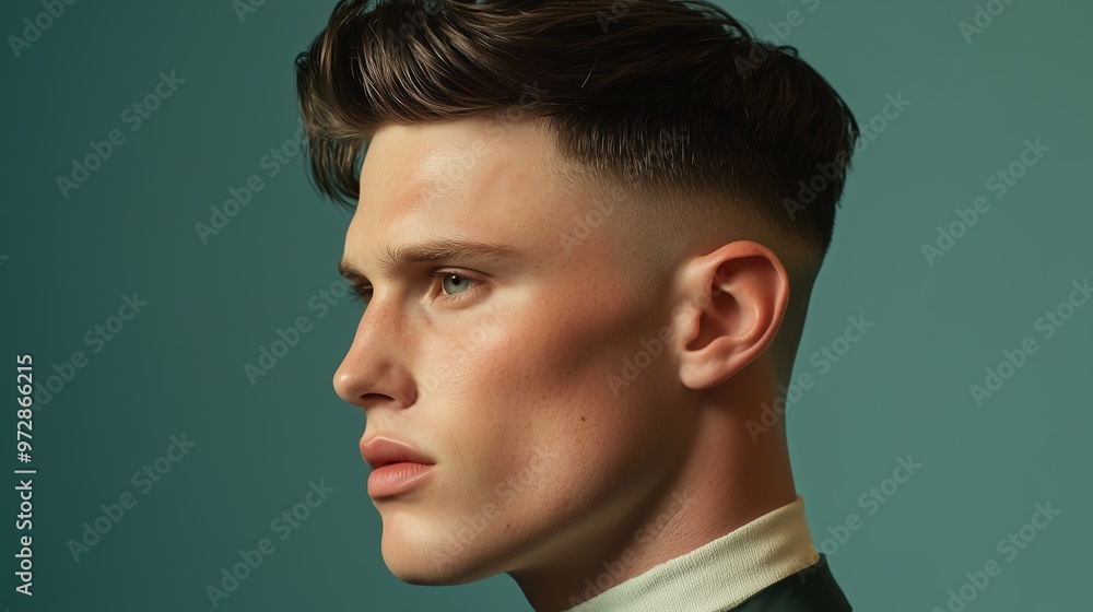 A young man with a stylish haircut poses against a soft blue background, showcasing a modern hairstyle perfectly styled A young man with a stylish haircut poses against a soft blue background, showcasing a modern hairstyle perfectly styled