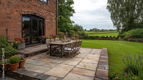 Stunning indian sandstone patio with a beautiful garden and bifold doors.