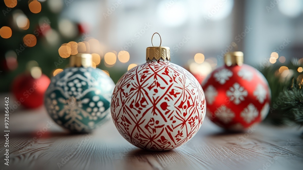 Geometric patterns on Christmas ornaments, with each bauble featuring intricate, symmetrical designs in festive colors. 4K hyperrealistic photo. Geometric patterns on Christmas ornaments, with each bauble featuring intricate, symmetrical designs in festive colors. 4K hyperrealistic photo.