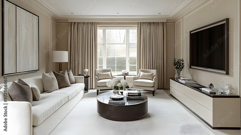 A modern, elegant living room with neutral tones and stylish furnishings. A modern, elegant living room with neutral tones and stylish furnishings.