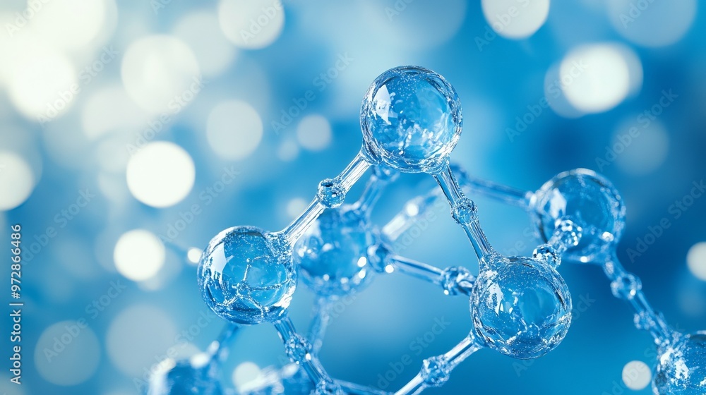 Blue transparent molecule model over blue Blue transparent molecule model over blue