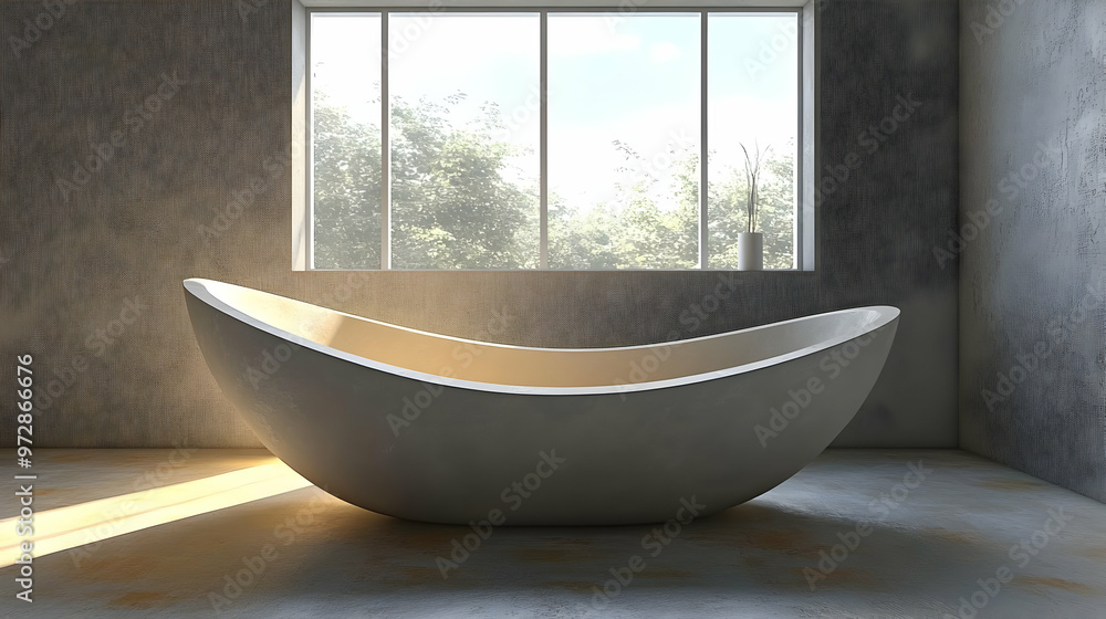 A modern, minimalist bathtub in a spacious, well-lit bathroom with large windows. A modern, minimalist bathtub in a spacious, well-lit bathroom with large windows.