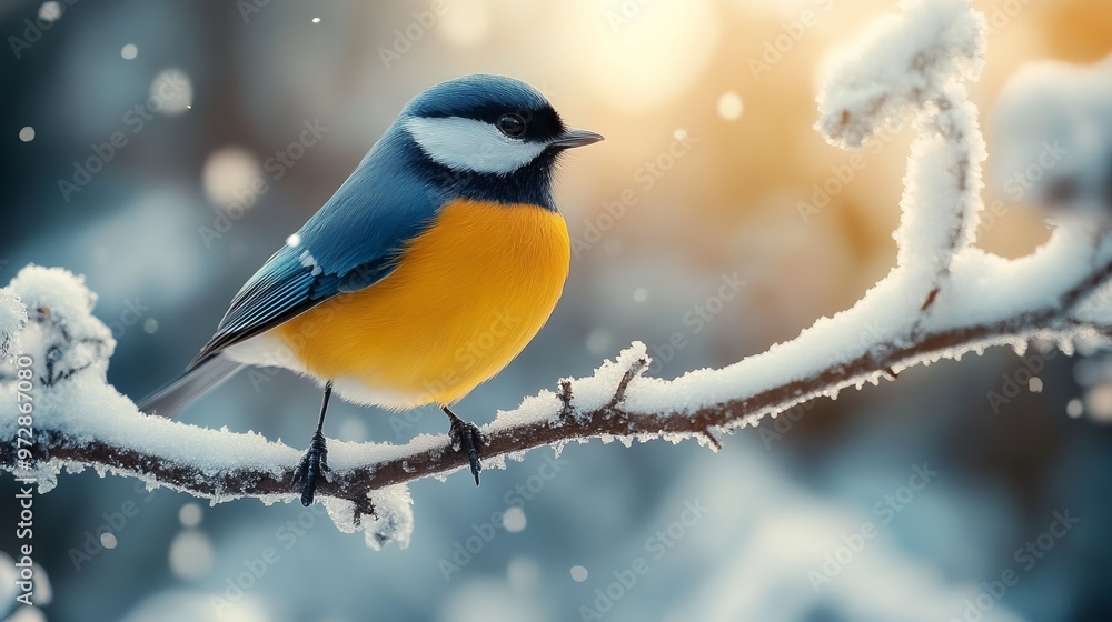 Winter bird perched on a snow-covered branch, its bright feathers contrasting against the frosty backdrop of a snowy forest. 4K hyperrealistic photo. Winter bird perched on a snow-covered branch, its bright feathers contrasting against the frosty backdrop of a snowy forest. 4K hyperrealistic photo.