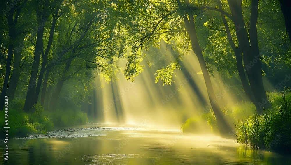 Fototapeta premium A serene river scene with sunlight streaming through the trees, creating a magical atmosphere.