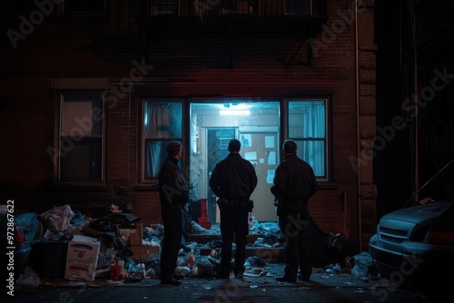 Three officers stand outside a building at night, surrounded by garbage and debris, under a blue light glow from a doorway, highlighting a grim urban scene.