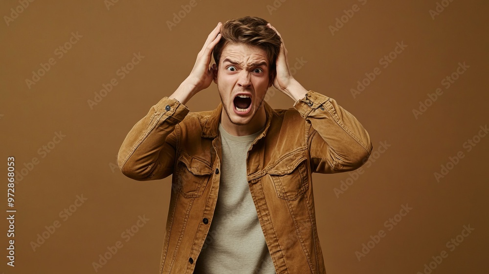 Photo portrait of attractive young man touch head scream scared dressed stylish brown clothes isolated on khaki color background Photo portrait of attractive young man touch head scream scared dressed stylish brown clothes isolated on khaki color background