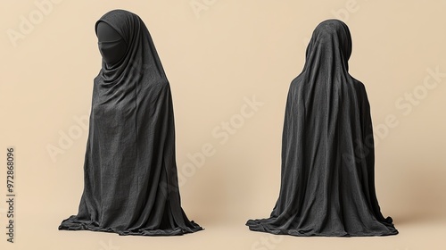 Blank black female niqab mockup, front and side view