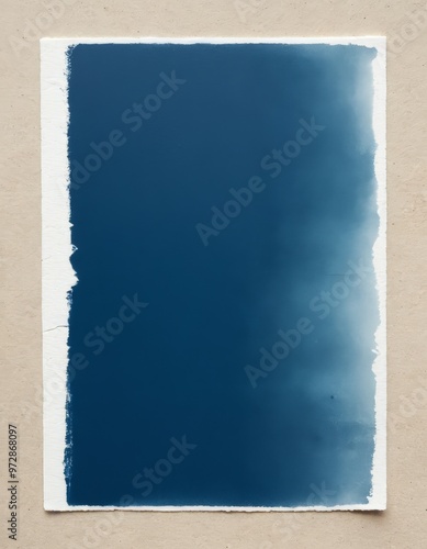 A minimalistic cyanotype abstract print featuring a gradient from deep blue to light blue, with a textured edge on one side. This simplistic yet striking image is ideal for modern art projects and