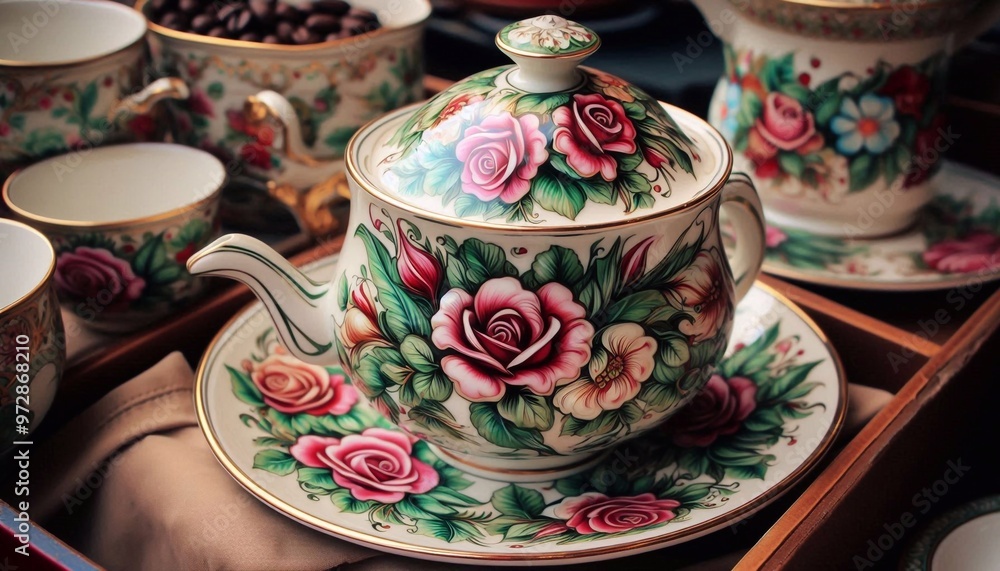 italienische Töpferware mit einem Rosenmotiv auf einem Markt in Italien