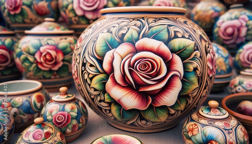 italienische Töpferware mit einem Rosenmotiv auf einem Markt in Italien italienische Töpferware mit einem Rosenmotiv auf einem Markt in Italien