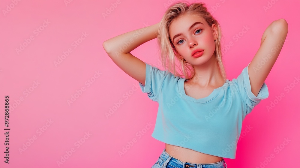 Photo of charming lovely cute girl arm touch head wear blue stylish clothes isolated on pink color background Photo of charming lovely cute girl arm touch head wear blue stylish clothes isolated on pink color background