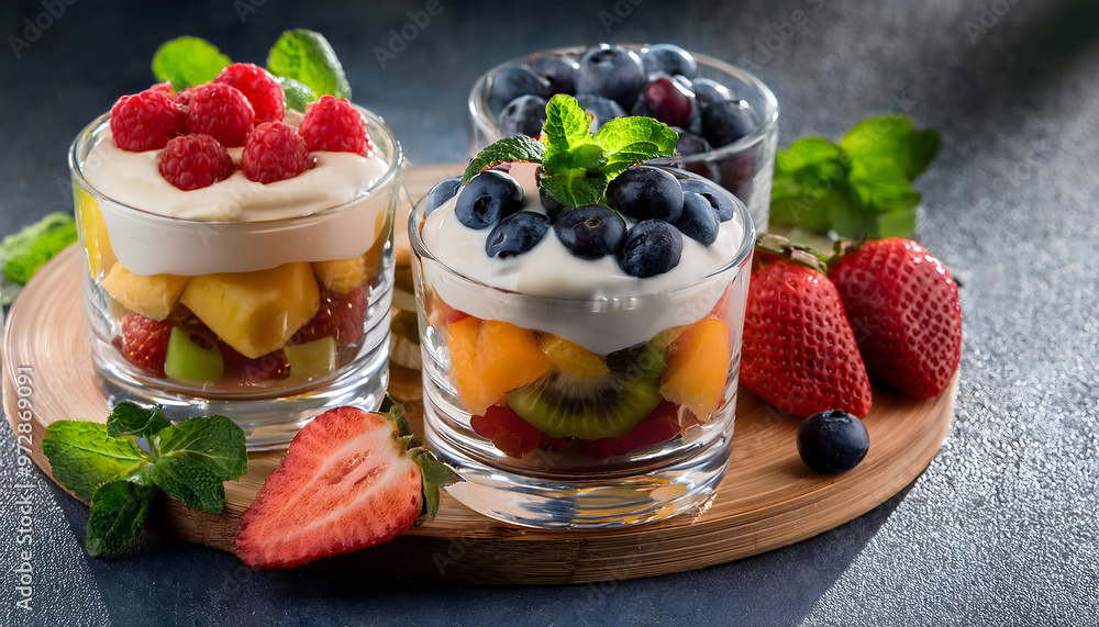 Dessert with fruit and cream yogurt, Desserts with fruit in cups Dessert with fruit and cream yogurt, Desserts with fruit in cups