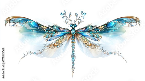 Abstract design of a dragonfly with wings embellished with radiant diamonds and intricate jewelry, set against a clean white backdrop photo