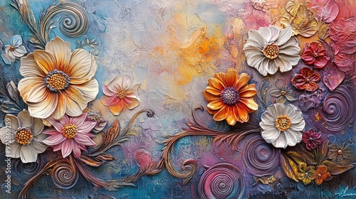 Abstract floral artwork with embossed flowers and swirling patterns, creating a vibrant, textured painting full of artistic details