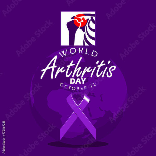 World Arthritis Day celebrate on October 12th event health banner. Purple ribbon with earth and painful shoulder illustration on dark purple background