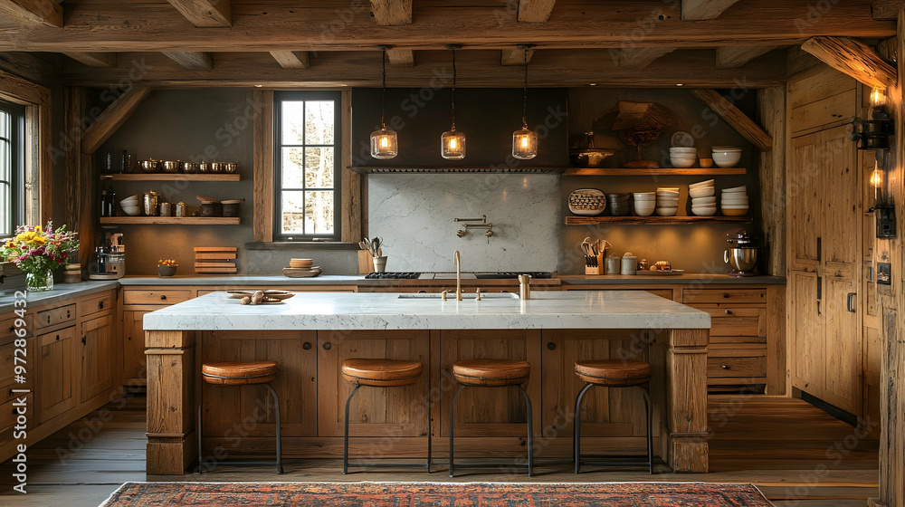 A rustic kitchen featuring wooden cabinetry, a marble island, and warm lighting. A rustic kitchen featuring wooden cabinetry, a marble island, and warm lighting.
