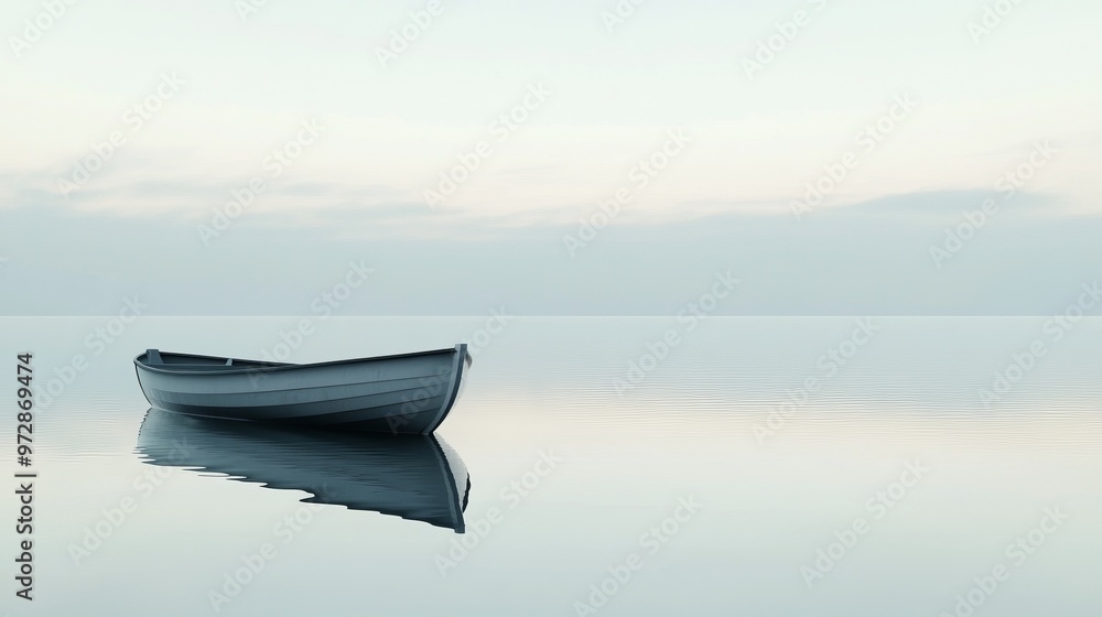 Minimalist scene with a single boat floating on a calm lake, with a pale sky and smooth reflections in the water, evoking tranquility and peace, 4K hyperrealistic photo. Minimalist scene with a single boat floating on a calm lake, with a pale sky and smooth reflections in the water, evoking tranquility and peace, 4K hyperrealistic photo.