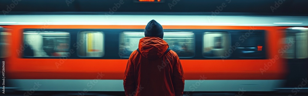 Businessman waiting on subway platform with train speeding by Businessman waiting on subway platform with train speeding by