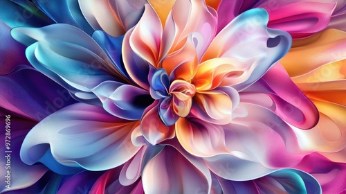 Abstract kaleidoscopic floral design with swirling petals in vivid hues, blending realistic organic shapes with geometric lines, creating intricate patterns