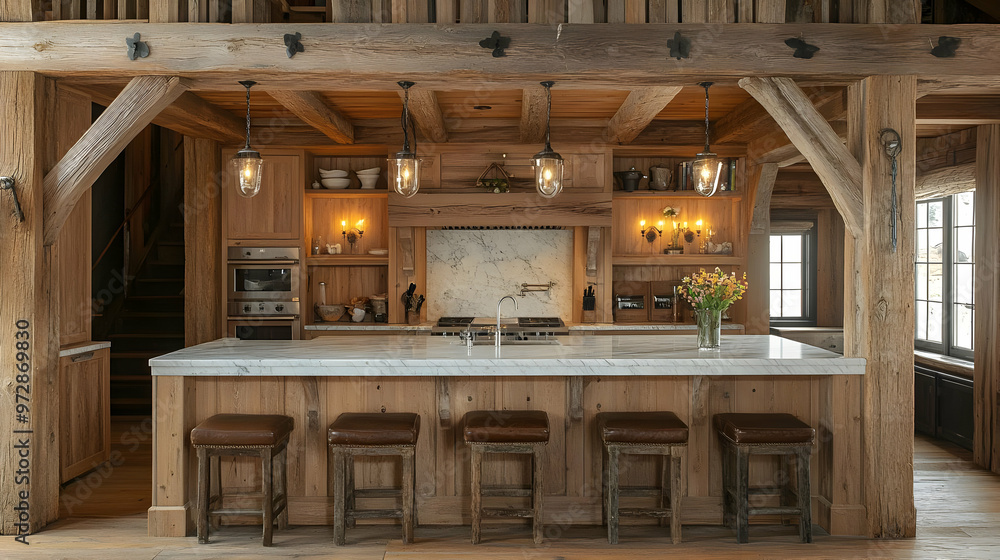 A rustic kitchen with wooden beams, marble countertops, and elegant lighting. A rustic kitchen with wooden beams, marble countertops, and elegant lighting.