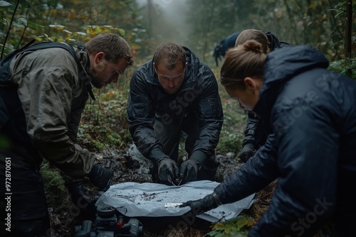 An investigation team in the forest examines a site of interest while wearing protective, dark clothing and gloves and working together over a white sheet in a serious operation. photo