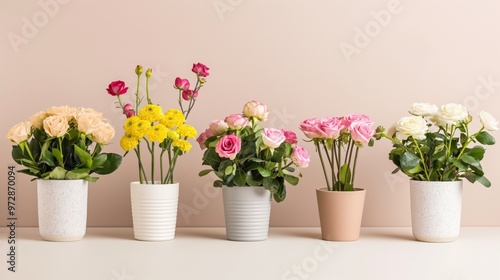 Colorful potted flowers on a minimalistic beige background. Perfect for floral-themed designs or decorative purposes.