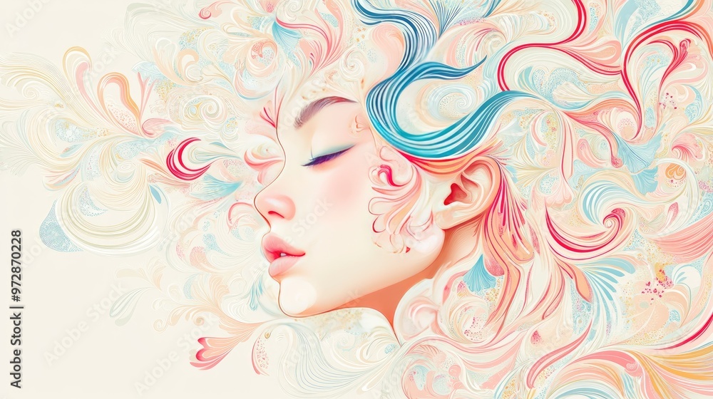 Beautiful woman's face with swirling floral patterns in pink, blue, and light yellow, intricately illustrated on a white background Beautiful woman's face with swirling floral patterns in pink, blue, and light yellow, intricately illustrated on a white background