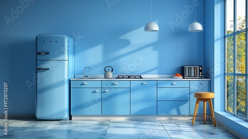 Modern blue kitchen interior design with a vintage refrigerator, countertop, cabinets, stove, microwave, sink, and a stool in front of a large window with greenery outside.