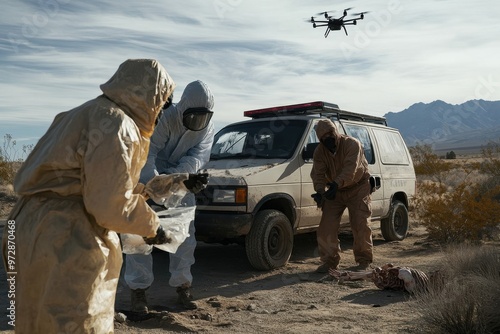 Individuals in hazmat suits investigate a scene involving a van and a drone near a rural landscape, carefully handling materials as part of a rigorous examination or clean-up. photo